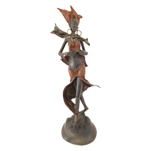 Vintage Hand Cast Bronze Statue of a Rust-Clad African Woman