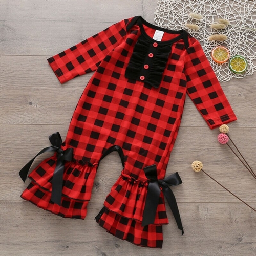 Newborn Baby Girl Ruffle Plaids Bowknot Romper