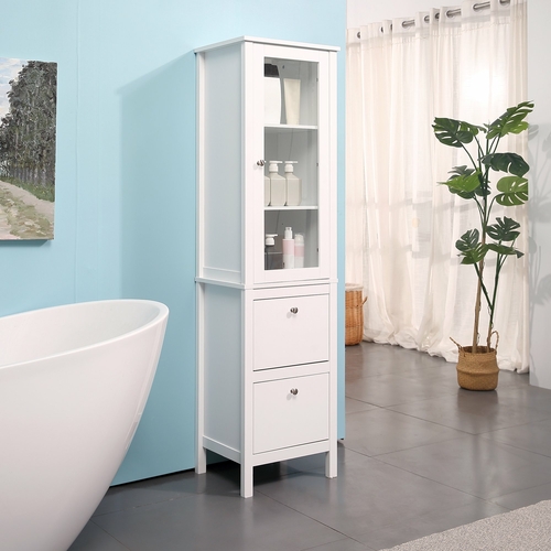 kleankin Tall Bathroom Cabinet with Tempered Glass Door, Storage