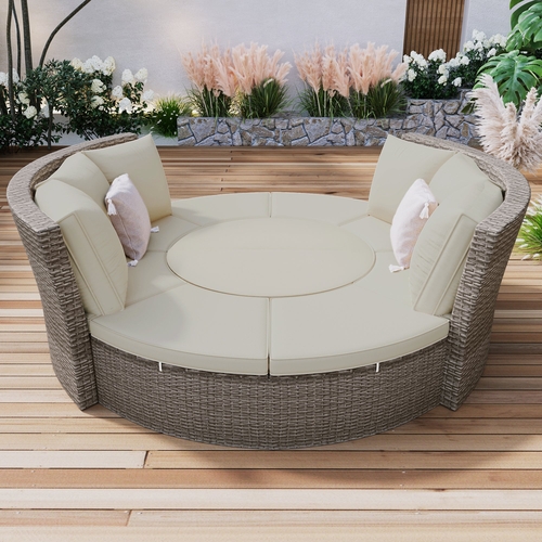 Patio 5-Piece Round Rattan Sectional Sofa Set All-Weather PE Wicker