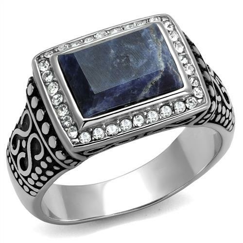 Men High Polished Stainless Steel Ring with Semi-Precious in Capri Blu