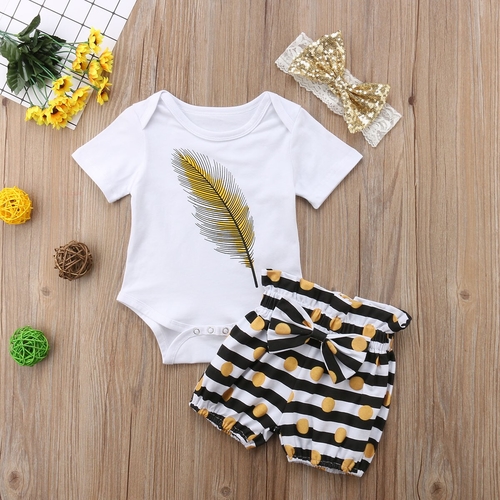 Cute Newborn Baby Girls Feather Tops Romper Shorts