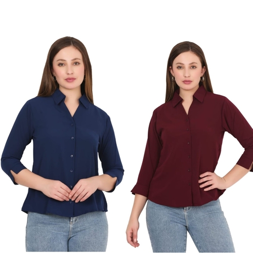 Womens Solid Formal Shirt PACK OF 2 NAVY BLUE AND MAROON  M