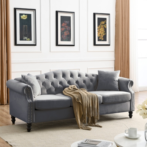 79" Chesterfield Sofa Grey Velvet for Living Room, 3 Seater Sofa