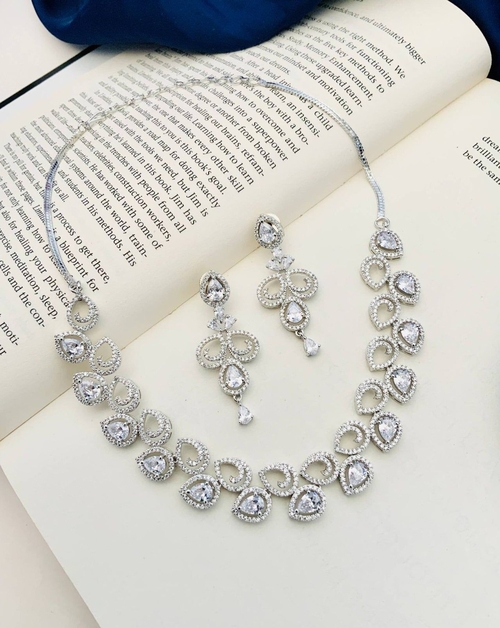 Bold Silver Plated American Diamond Necklace Set