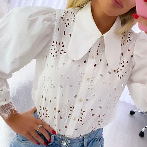 Casual turndown collar women blouse shirt Bubble sleeve embroidery