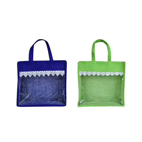 Combo of Green and Blue Color Transparent Window Jute bag pack of 2
