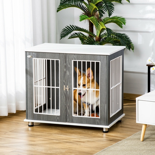 PawHut 34'' Wooden Dog Cage, Modern Wire Dog Crate, Pet Kennel with