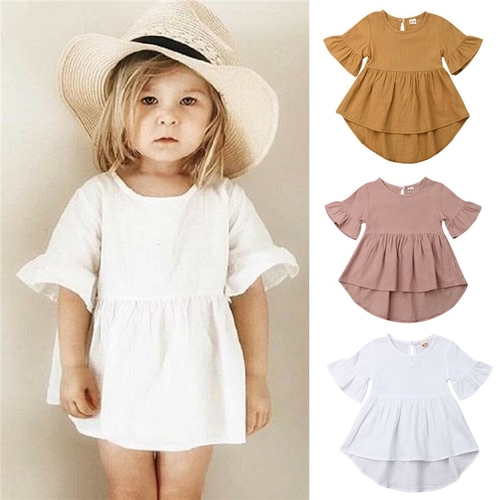 Casual Kid Baby Girl Plain Dress Cotton and Linen