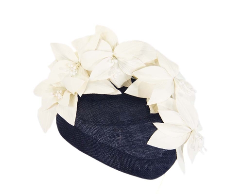 Navy & cream pillbox with leather flowers 