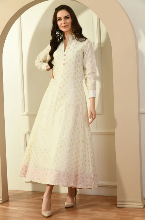 Off white with Pink Border CHANDHERI KHADI WORK LONG KURTA (Size M)