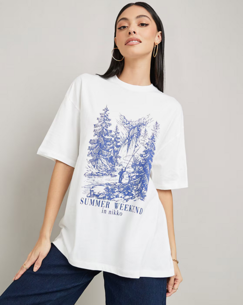 Women Typographic Print Oversized Fit Round-Neck T-Shirt (SIZE-L)