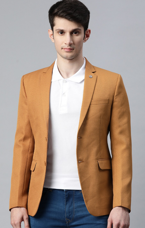 Men's Solid Slim Fit Single-Breasted Formal Blazer (Color Tan) (Size