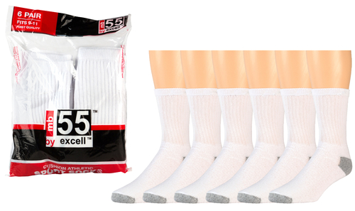 Men's Crew Socks - White w/Grey, 6-8, 6 Pack