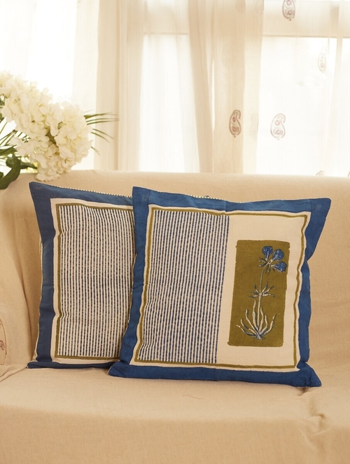 Navy Cotton Blockprint Cushion Cover (Size 25 x 16 Inch)