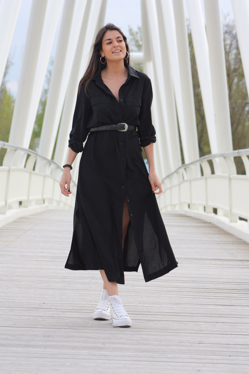 Black Slit Maxi Shirt Dress with Sash