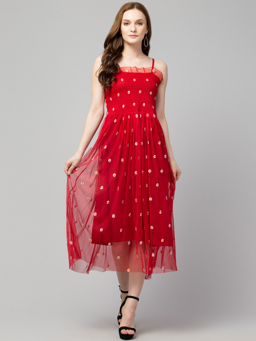 Flower Embroidered Dress-RED
