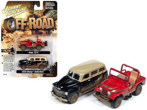 Jeep CJ-5 Renegade (Dirty Version) Red and 1950 Chevrolet Suburban