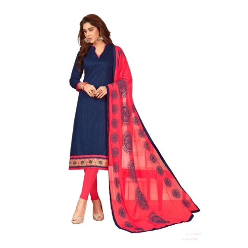 Slub Cotton Fabric Blue Color Dress Material