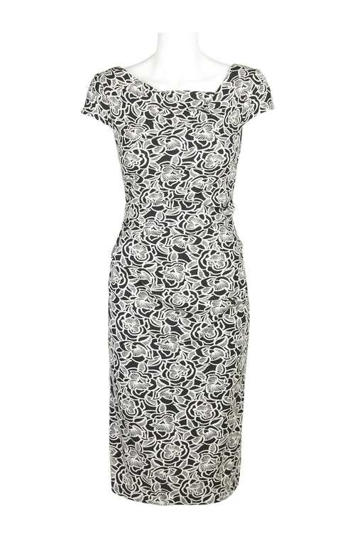 Adrianna Papell Asymmetrical Neck Cap Sleeve Zipper Back Floral