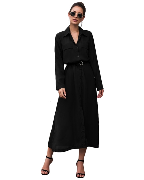  Autumn Winter Women Maxi Dress Turn Down