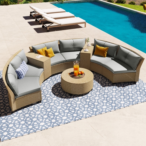 6 - Person Fan-shaped Rattan Suit Combination with Cushions and