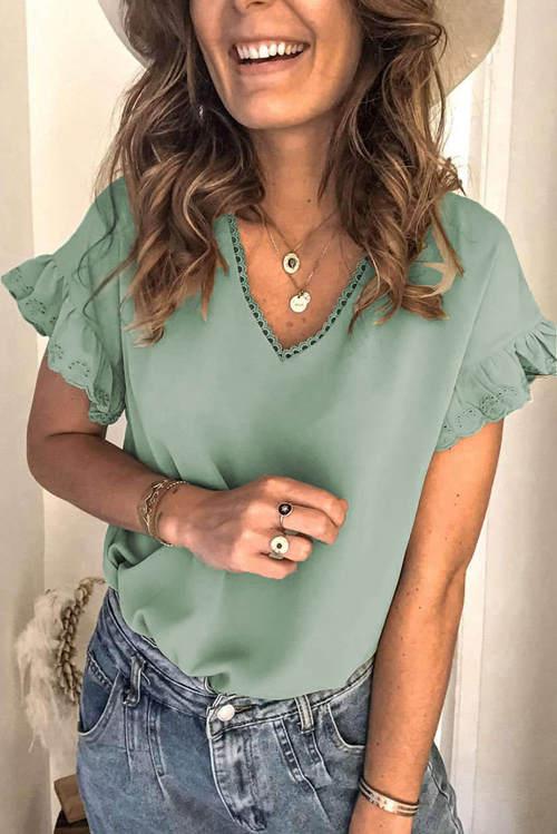 Green V Neck Ruffle Short Sleeve T-shirt