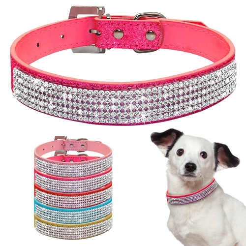 Leather Dog Collar Rhinestone Adjustable Cat Dog