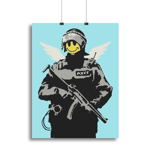 Banksy Smiley Angel Policeman Light Blue Canvas Print or Poster