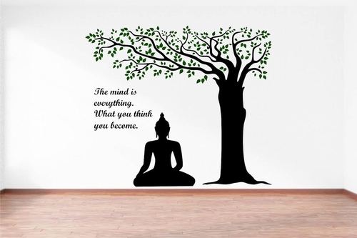Lord Buddha Under Tree and Quote on Mind PVC Vinyl Wall Sticker