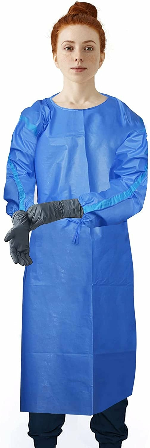 Disposable Gowns Large-X-Large. Pack of 5 Blue Isolation Gowns, PP PE