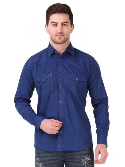 Men's Solid Slim Fit Cotton Casual Shirt BLUE 4XL