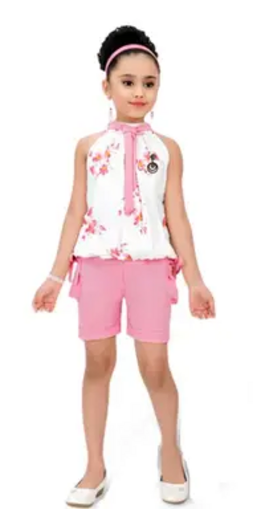 White and Pink Cute Girl Stylish Fancy Top And Bottom Set Size 4-5