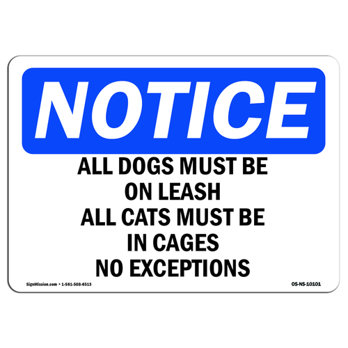 SignMission OS-NS-A-1014-L-10101 Notice All Dogs Must Be on Leash All 