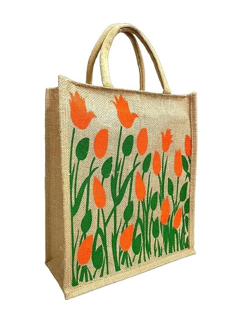 Eco Friendly Jute fabric Unique GREEN&ORANGE FLOWER printed Bag