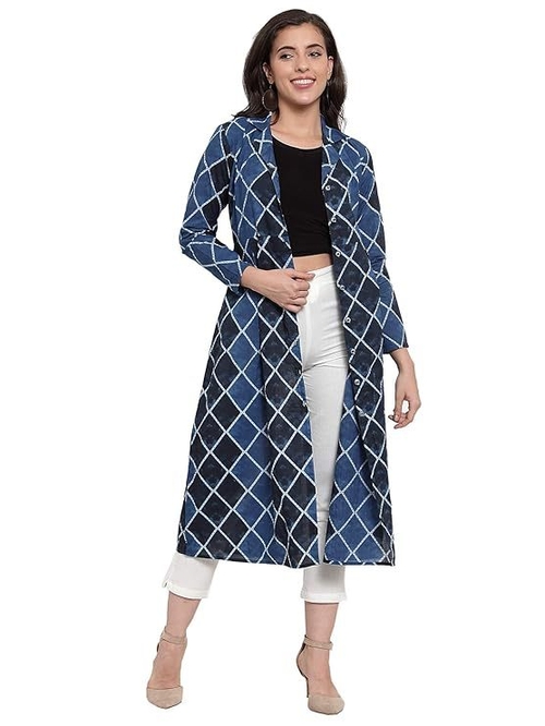 Cotton Geomatric Print A-Line Collar Shrug Cape (Size-L) (COLOR-BLUE)