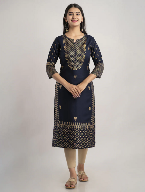 Notch neck printed straight kurta (Size-M) (Color-BLACK)
