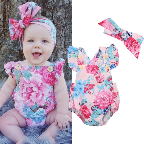 Baby Girl Flower Tops Headband Bow 2pcs Outfits