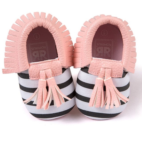 Slip On Shoes Baby Crib Tassels Pink Striped PU