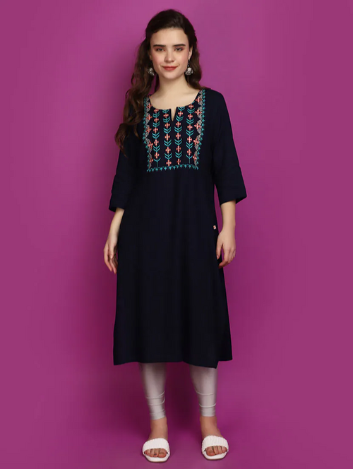 Women blue notch neck straight kurta (Size-XL) (Color-BLACK )
