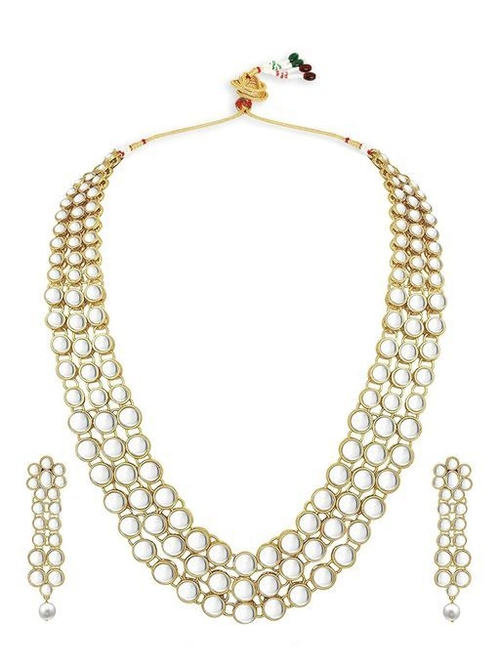 Gold Kundan Jadau Multi Layer Mala Long Necklace Set with Drop
