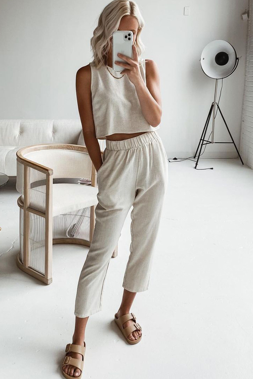 Beige Crop Tank and Pants Lounge Set