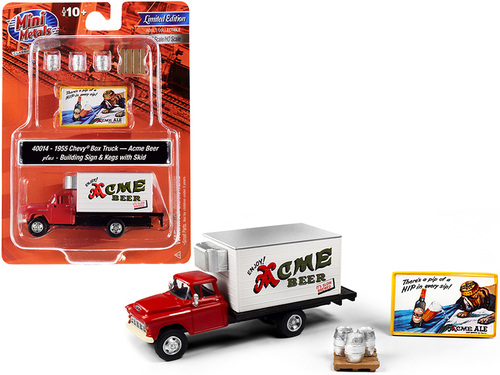 1955 Chevrolet Box Truck Red and White with Building Sign and 3 Beer