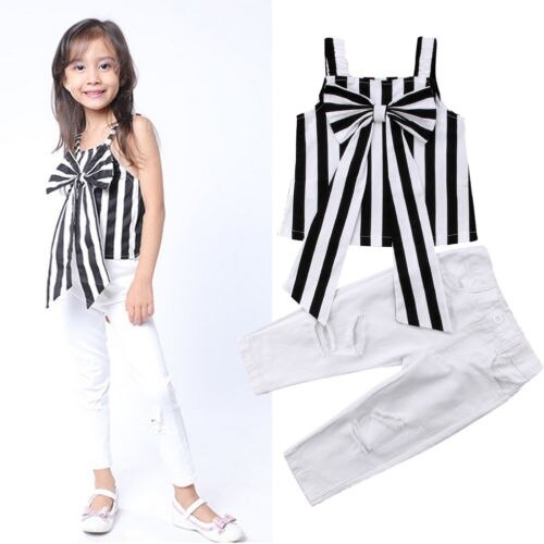 Toddler Kids Baby Girl Fashion Striped Bow Tops