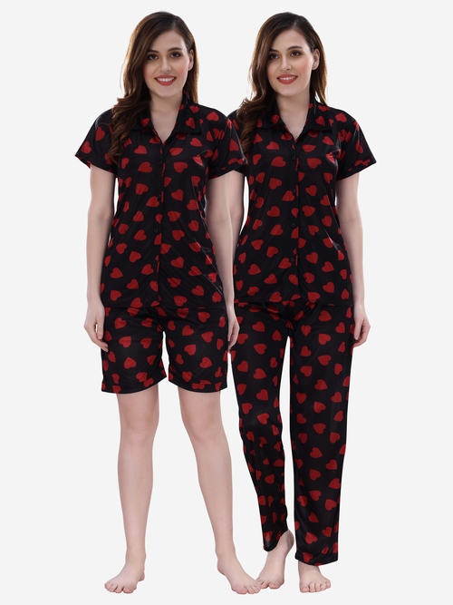 Romaisa Women's Satin Printed Black Top and Pyjama with Shorts