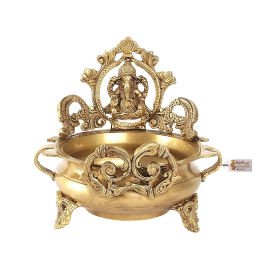 Ethnic Carved Ganesha Design 7 Inches Brass Urli Decor Bowl, Golden,