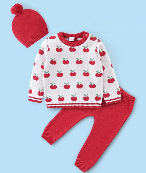 Organic Cotton Full Sleeves Sweater Set with Cap Cherry Design 