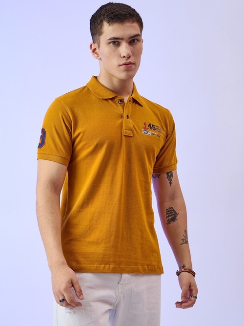 Men's Printed Pure Cotton Polo T-Shirt (Color Mustard) (Size M)