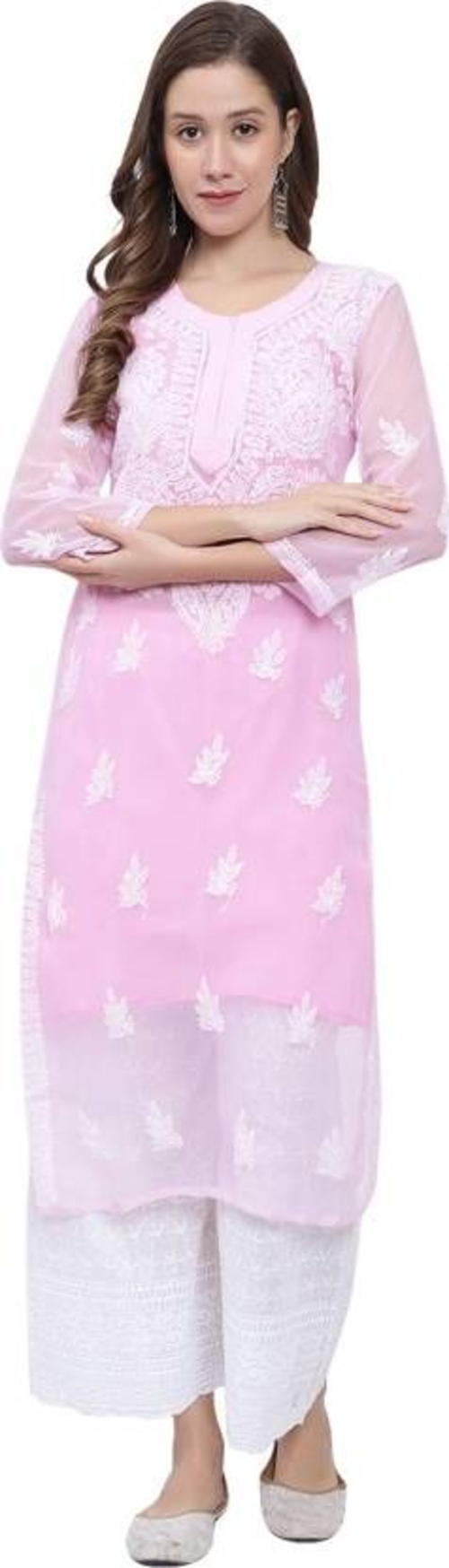 Women Chikan Embroidery Below knee length Georgette A-line Kurta