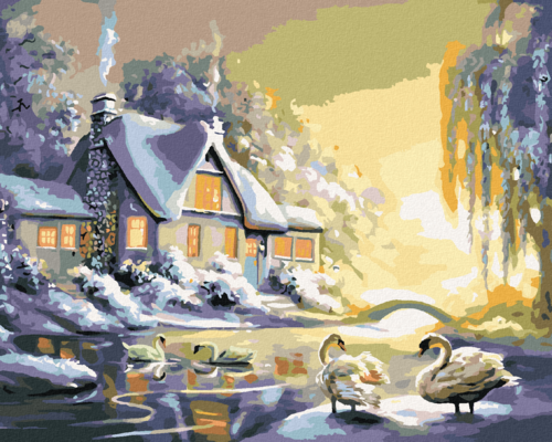 Zuty - Paint by Numbers - SWANS AND HOUSE IN WINTER (D. RUSTY RUST),